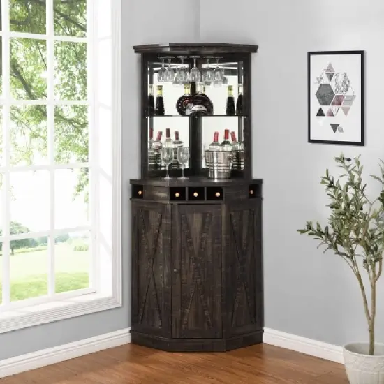 Home Source Charcoal Corner Bar Unit with built-in Wine Rack and Lower Cabinet image {3}