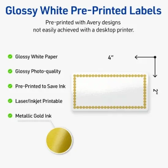 Avery Printable Rectangle Labels, Gold Beads, 2" x 4", Glossy White Rectangle Labels, Permanent, Laser/Inkjet, 100ct, Great for Product Labels image {1}