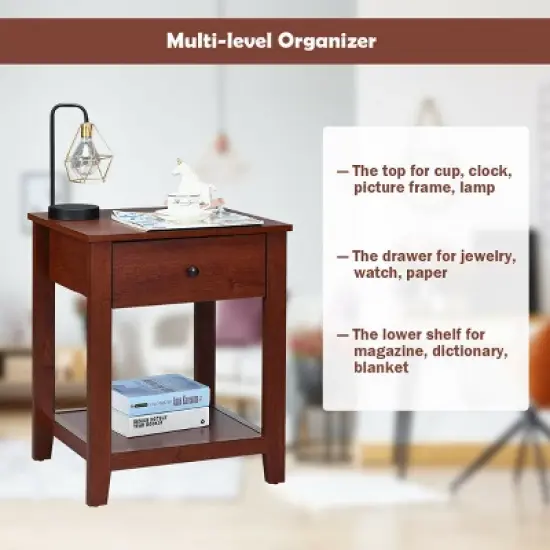 Costway Night Stand End Side Table Bedside Accent Table with Drawer and Storage Shelf image {7}