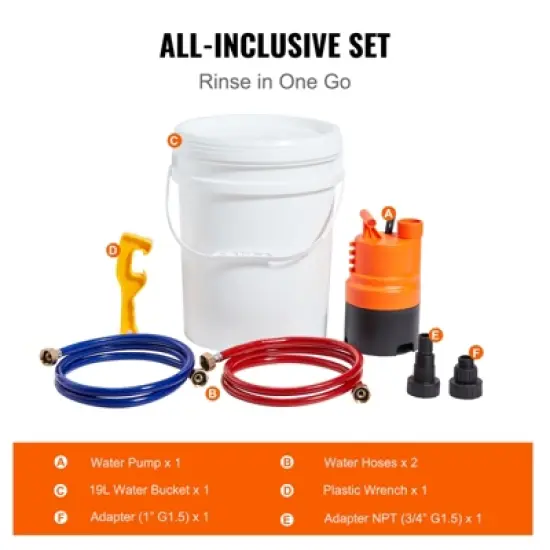VEVOR Tankless Water Heater Flushing Kit, Includes Efficient Pump & 3.7 Gallon Pail & 2 Hoses, Wrench and Adapter for Quick Install, Orange image {2}
