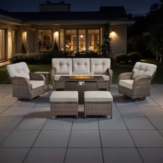 Belord Outdoor Wicker Patio Furniture Set with 43" Propane Fire Pit Table, Swivel Patio Chairs Set with Sofa Couch, Fire Pit Table and Ottoman image {16}