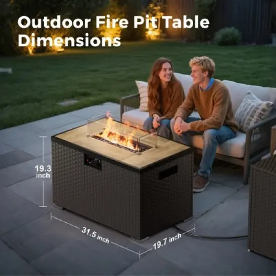 Evita 31.5" Rectangle Outdoor Fire Pit Table with 40,000 BTU Output with Windshield, Glass Stones, Waterproof Cover image {6}