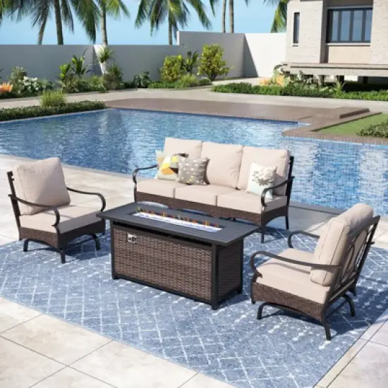 Captiva Designs 4pc Extra Large Metal and Rattan Outdoor Patio Fire Pit Set with Rocking Armchairs image {10}