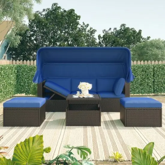 U Style 4-Piece Wicker Patio Chaise Lounge,Outdoor Patio Set With Retractable Canopys And Washable Cushions,Table And Ottomans -Maison Boucle image {7}