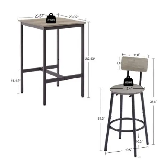 SKRAN Set of 3 Industrial Bar Table and Chairs, Square Pub Table with 2 Stools & Backrest,Counter Height set for Dining Room Small Space image {2}