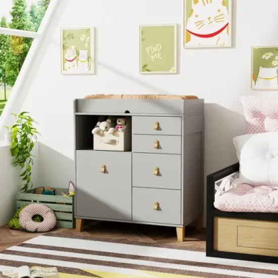 FUFU&GAGA Baby Changing Table Storage Cabinet Large Operating Table Four Drawers Leather Handles Solid Wood Table Corners Practical and Safe image {10}