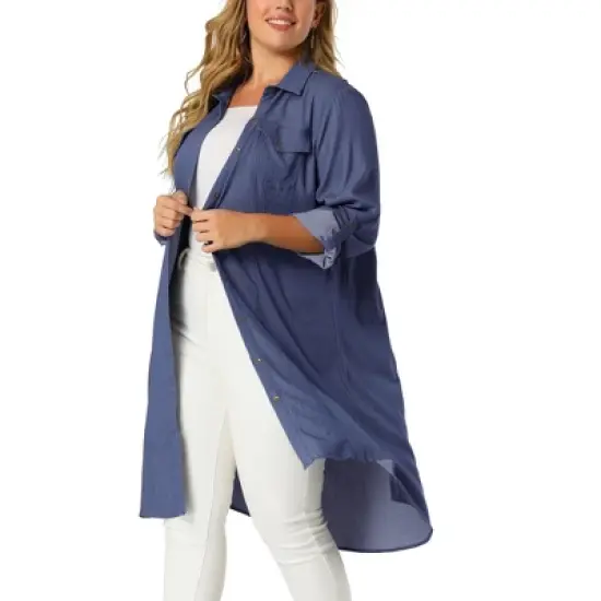Agnes Orinda Women's Plus Size Chambray Shirt Long Sleeve Chest Pocket Denim Jacket image {1}