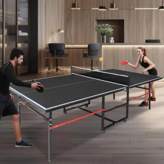 SEVOBAL Table Tennis Accessories 8ft Foldable Portable Ping Pong Table Set with Net Paddles and Balls for Indoor Games, Black, 50"*25"*5" image {2}