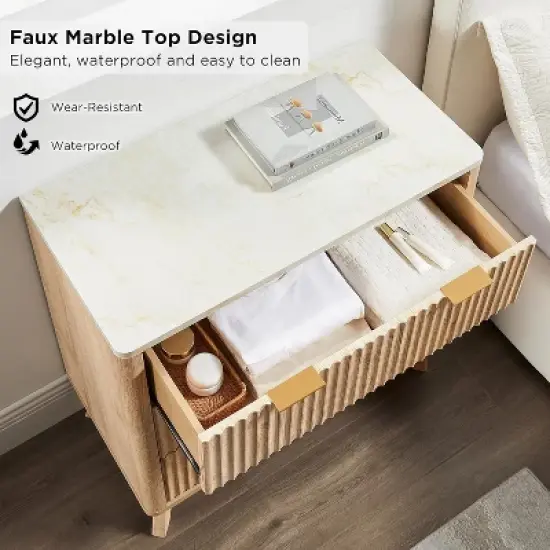 32" Tall Fluted Nightstand, Modern Side Table with Faux Marble Top, 3 Drawers End Table w/Storage, Bedside Table for Bedroom, Living Room image {3}