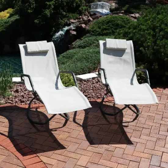 Sunnydaze Outdoor Folding Rocking Chaise Lounge Chair with Headrest Pillows - Beige - 2pk image {3}