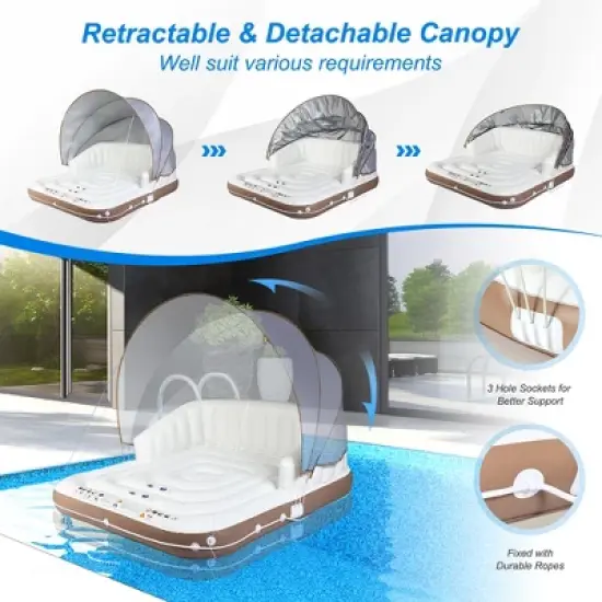 Costway Floating Island Inflatable Swimming Pool Float Lounge Raft with Canopy SPF50+ Retractable Detachable Sunshade with Two Cup Holders White image {7}
