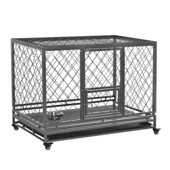 PawHut Heavy Duty Dog Cage Metal Kennel and Crate Dog Playpen with Lockable Wheels, Slide-out Tray, Food Bowl and Double Doors image {8}