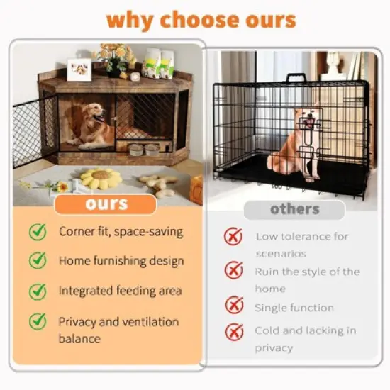 51.3" Corner Dog Crate Furniture with 360&iexcl;&atilde; Rotating Feeder, Decorative Dog Crates Dog Cage TV Stand Wooden Dog Kennel End Table image {4}