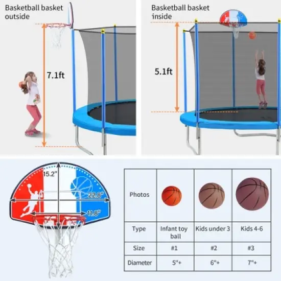 8 FT Trampoline for Kids with Safety Enclosure Net, Basketball Hoop and Ladder, Blue - ModernLuxe image {9}