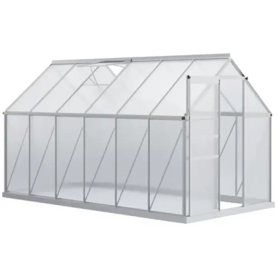 Outsunny Aluminum Greenhouse, Polycarbonate Walk-in Garden Greenhouse Kit with Adjustable Roof Vent, Rain Gutter and Sliding Door for Winter, Silver image {6}
