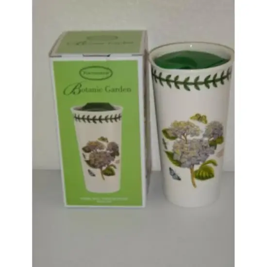 Portmeirion Botanic Garden 12 Ounce Porcelain Travel Mug, Hydrangea Motif, Dishwasher, Microwave Safe Cup, Hot Beverages On-the-Go image {6}