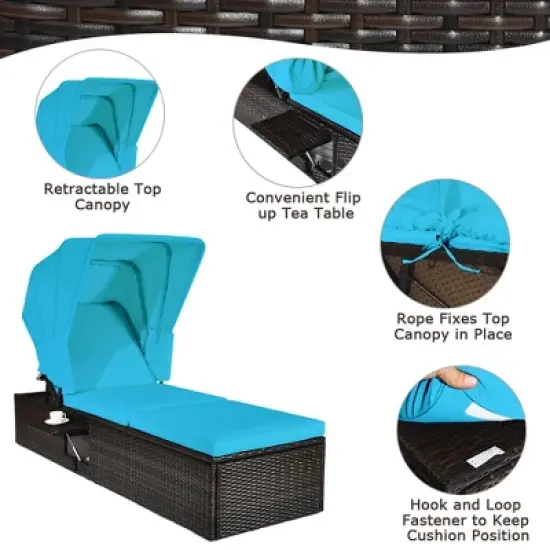 Tangkula Rattan Patio Chaise Lounge Chair W/ Adjustable Canopy Turquoise Cushion image {7}