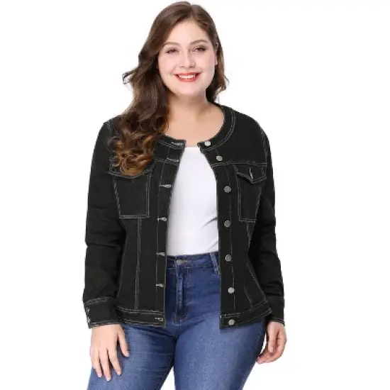 Agnes Orinda Women's Plus Size Jean Jacket Long Sleeves Collarless Denim Jacket image {8}
