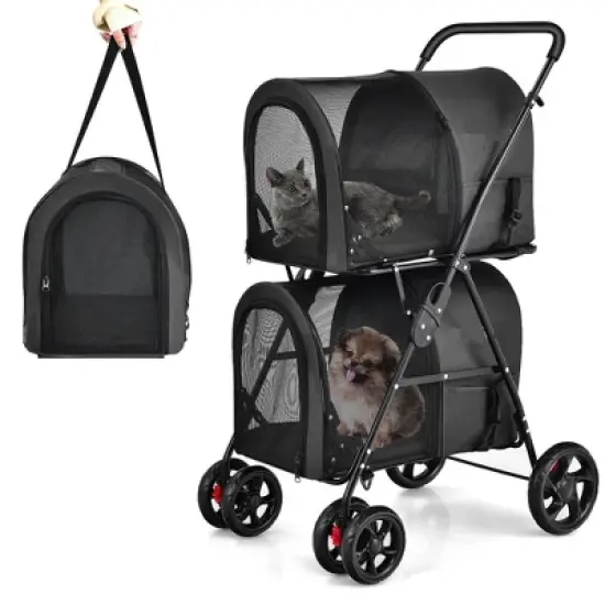 Tangkula Double Pet Stroller with 2 Detachable Carrier Bags Safety Belt 4 Lockable Wheels Cat Stroller Travel Carrier Strolling Cart Folding Black image {9}