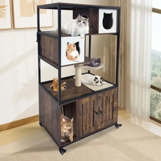 Hidden Litter Box Furniture Enclosure - Multi-Functional Cat Tree with Wheels, Hammock & Scratching Post - Wood/Metal Frame for Living Room image {2}