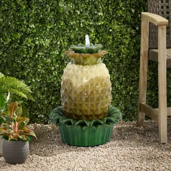 LuxenHome 17" Tabletop Ceramic Water Fountain, Pineapple Indoor and Outdoor Waterfall Fountains for Patio, Garden Decor Yellow image {2}