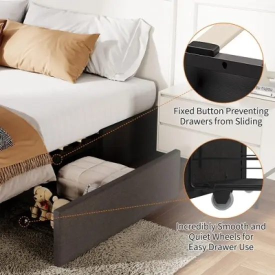 Full Size Bed Frame with 3 Storage Drawers, Fabric Upholstered Platform Bed, Wooden Slats Support, Dark Grey image {5}