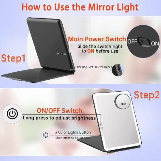 FUNTOUCH Rechargeable and Portable 10x7.5 Large Travel Makeup Mirror with 10X Magnification,3 Color Lights with Touch Screen Dimming image {3}