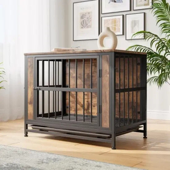 KWPZQEB Dog Crate Furniture, Wooden Dog Kennel Indoor with Double Door, Dog Cage with Pull-Out Tray, Dog House Side Table for Medium/Small Dog Use image {9}
