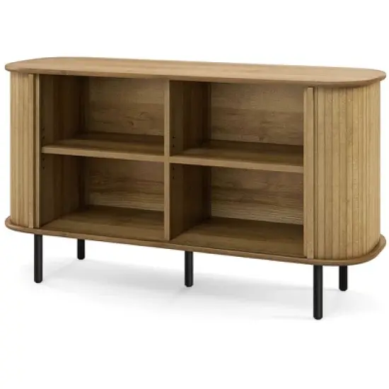 Costway 47" Sideboard Buffet Cabinet with Sliding Tambour Doors Adjustable Shelves Oak image {9}