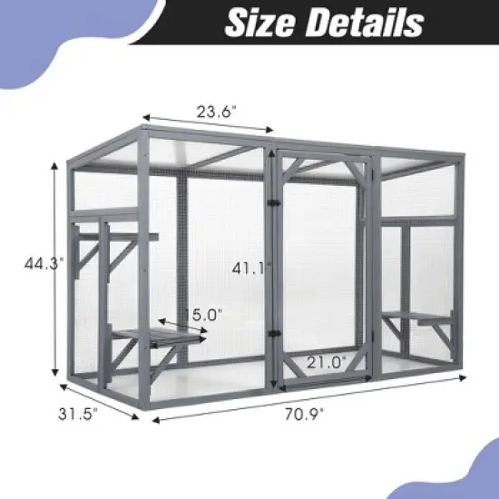 SEVOBAL Pet Crates and Houses Outdoor Wood Cat Enclosure with 3 Platforms Lockable Door Sun Sheet Roof Large Run for Pets, Gray, 70.87"*31.5"*44.3" image {2}