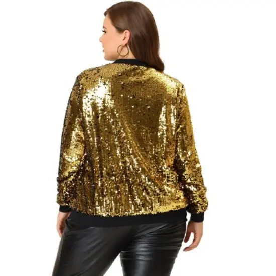 Agnes Orinda Women's Plus Size Party Metallic Sequin Sparkle Zip Bomber Jackets image {3}