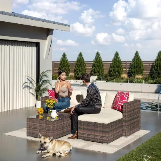 Garvee 5 Pieces Patio Furniture Set - Rattan Outdoor Sofa Set with Cushions, Wicker Sectional with Glass Coffee Table & Ottoman image {7}