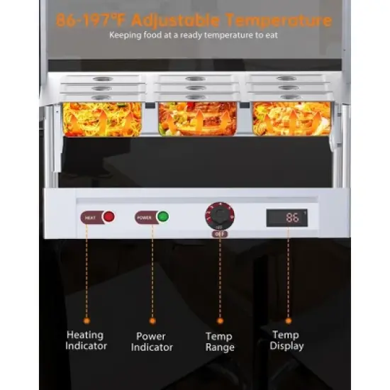 Food Warmers, Commercial Electric Food Warmer - 9-Pan Steam Table with Lids, Acrylic Guard, 1500W Stainless Steel Serving Counter image {2}