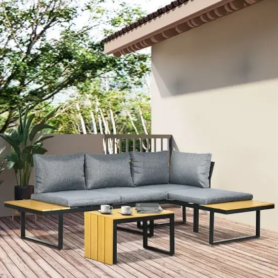 Outsunny 3 Piece Patio Furniture Set, Outdoor Sofa Set with Chaise Lounge & Loveseat, Soft Cushions, Woodgrain Plastic Table, L-Shaped Sectional, Gray image {1}