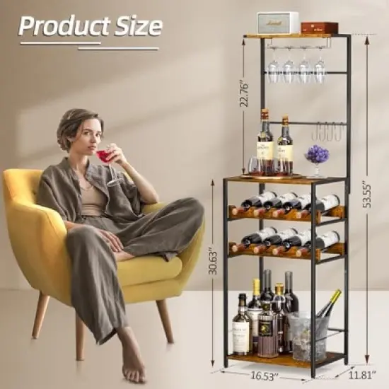Itopfox 5-Tier Freestanding Wine Rack with Glasses Holder and 4 S Hooks, Corner Mini Bar Cabinet for Small Spaces, Holds 8 Bottles image {1}