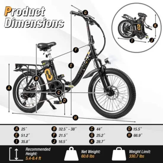 Costway Folding Electric Mountain Bike for Adults with 20" Fat Tires 750W Brushless Motor 54V 13Ah UL2849 image {2}