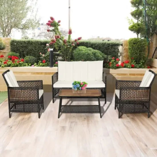 Tangkula 4PCS Cushioned Patio PE Wicker Conversation Furniture Set w/ Acacia Wood Tabletop image {8}