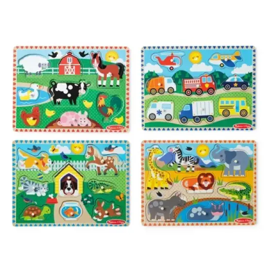 Melissa & Doug Wooden Peg Puzzle 4pk - Vehicles, Farm, Safari, Pets: Creative Thinking, Fine Motor Skills image {8}
