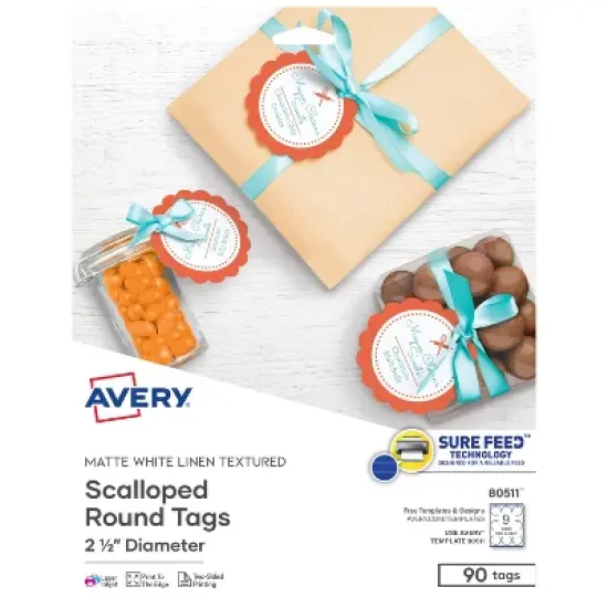 Avery Printable Blank Scallop Round Gift Tags with Sure Feed, 2.5" Diameter, Textured White, 90 Customizable Tags (80511) image {8}