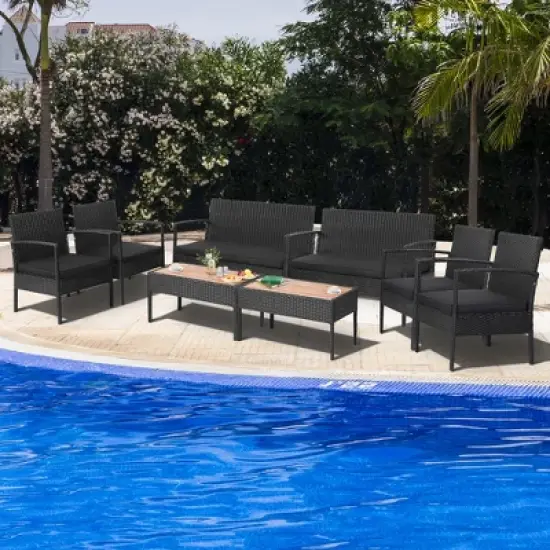Costway 8PCS Patio Rattan Furniture Set Cushioned Chair Wooden Tabletop Black image {9}