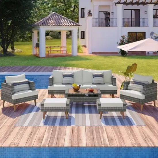 FIONECA 6-Piece All-Weather PE Wicker Outdoor Sofa Set with Double Cushions, Wood Legs & Tabletop, Beige and Gray Rattan Patio Furniture image {14}