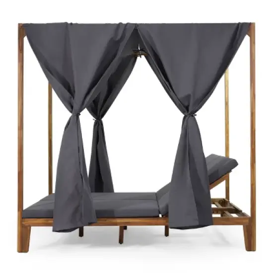 Christopher Knight Home Kinzie Outdoor Acacia Wood 2 Seater Adjustable Daybed with Curtains,Teak/Dark Gray image {5}