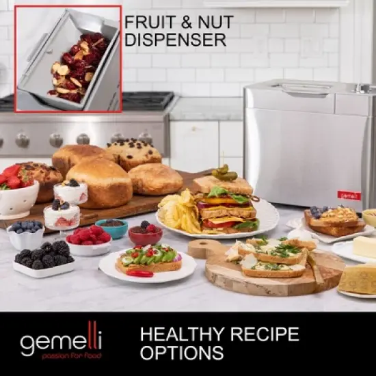 Gemelli Home&trade; 2LB Artisan Bread Maker, Stainless Steel w/ 21 Functions, Fruit/Nut Dispenser, 3 Loaf Sizes, 3 Shades, Gluten-Free Settings, Ceramic Pan image {3}