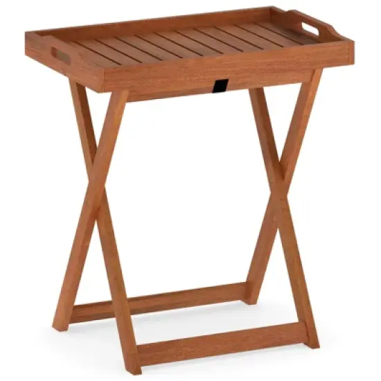Tangkula Patio Solid Wood Tray Table w/ Removable Top Rectangular TV Tray Bistro Table image {10}
