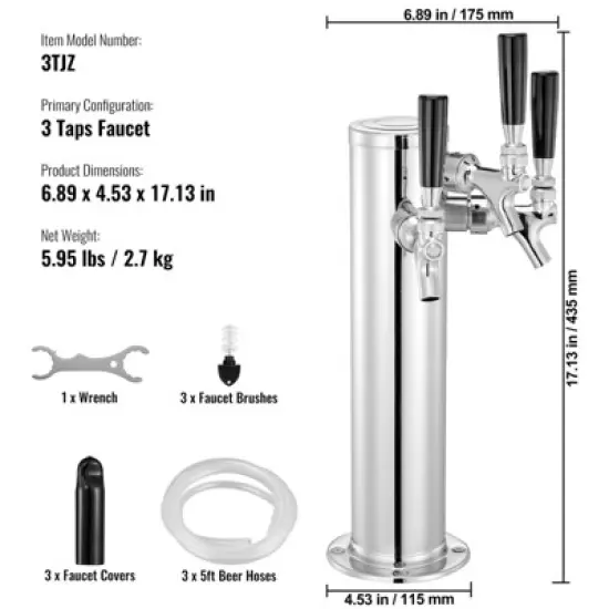 VEVOR Triple Taps Draft Beer Tower Dispenser, Stainless Steel Keg Beer Tower, Kegerator Tower Kit with Pre-Assembled Tubing image {7}