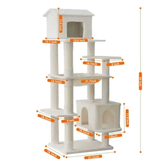 SEVOBAL Pet Tower 63-Inch Multi-Level Cat Tree with Plush Perches, Scratching Posts, Spacious for Play, Relaxation, Beige, 22.44"*11.42"*18.5" image {2}