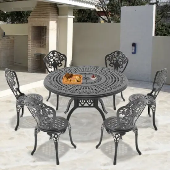 7-Piece Patio Set: Round Table & 6 Chairs - Cast Aluminum, All-Weather/Umbrella Hole & Adjustable Legs for Balcony/Backyard image {2}