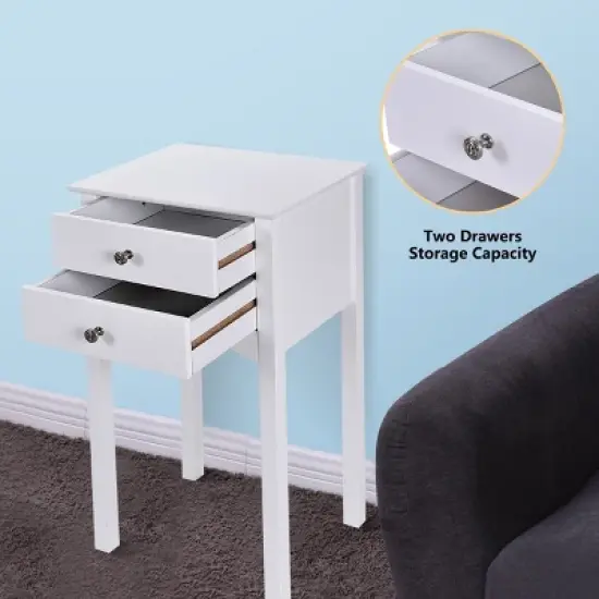 Costway Side Table End Accent Table Night Stand W/ 2 Drawers Furniture White image {5}