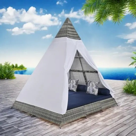 FURNIinspire Patio Chaise Lounges Patio Daybed With Cushions And Tent, Outdoor Wicker Sunbed For Backyard, Garden, Gray And Blue, 72.4&ldquo;*90.5"*102.4" image {4}