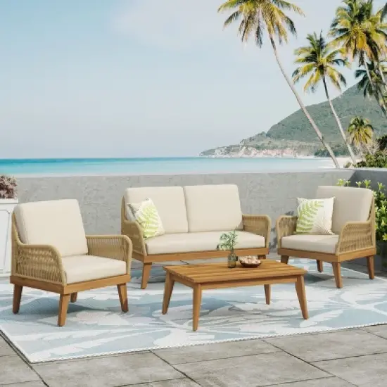 GDFStudio Hueber Outdoor Acacia Wood and Rope 4 Seater Chat Set with Cushions, Teak, Light Brown, and Beige image {1}